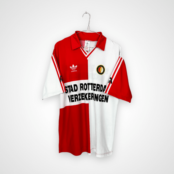 Koszulka piłkarska Feyenoord Rotterdam, 1992/93 Home, stan zadowalający - kilka mniejszych zabrudzeń i jedno duże na plecach oraz niewielkie dwie dziurki.