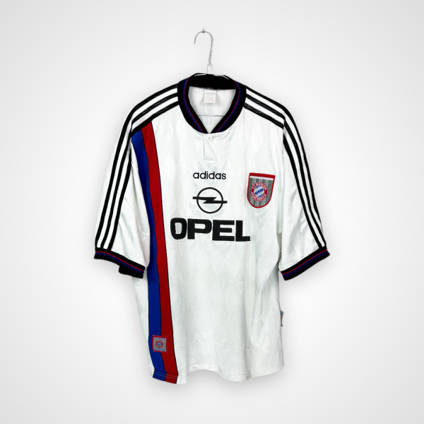 Koszulka piłkarska FC Bayern Monachium, 1995/97 Away, stan słaby - zmechacenia, skulkowania i drobne zaciągnięcia na całej powierzchni koszulki.- widok z tyłu