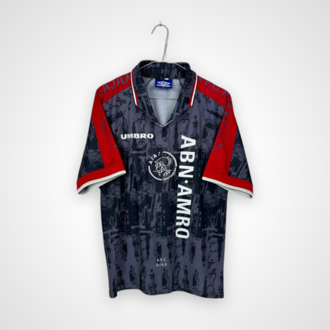 Koszulka piłkarska AFC Ajax, 1996/97 Away, stan zadowalający - sporo mikro zaciągnięć na powierzchni koszulki, uszkodzona literka 'h' w herbie oraz jedno znaczne