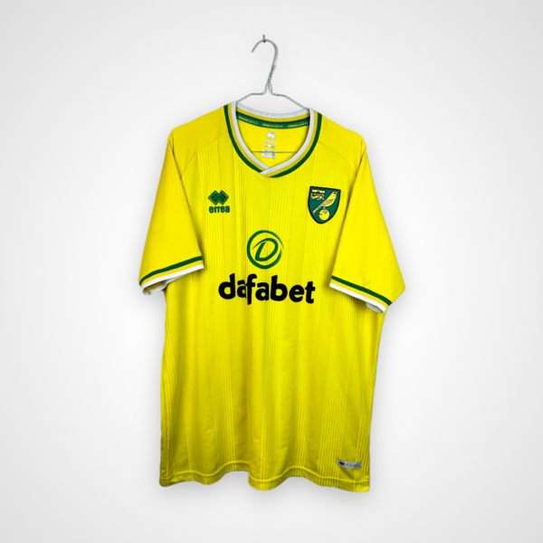 Koszulka piłkarska Norwich City FC, 2020/21 Home, stan dobry - popękany nadruk sponsora na froncie, dwa mikro zaciągniecia na froncie oraz dwa większe na prawym