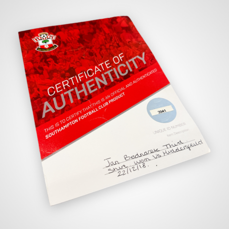 Photoroom_20240813_182736 Southampton FC Fußballtrikot, 2018/19 Dritter, guter Zustand - Trikot ist an zwei Stellen auf dem Rücken gedehnt und hat ein Loch - Nahaufnahme der Vorderseite