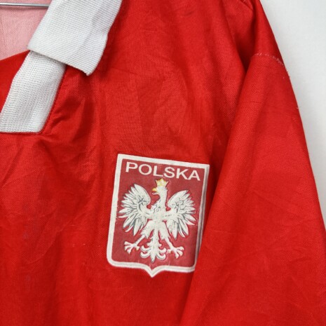 IMG_6295 Polen Fußballtrikot, 1996 Away, zufriedenstellender Zustand - Stoffverschmutzung auf der Vorder- und Rückseite des Trikots, Riss im Nike-Logo, Stoffriss