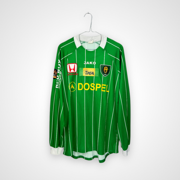 Koszulka piłkarska GKS Katowice, 2004/05 Away, stan zadowalający - mikro zaciągnięcia, popękany nadruk na rękawie oraz nieznacznie zabrudzony numer na plecach.