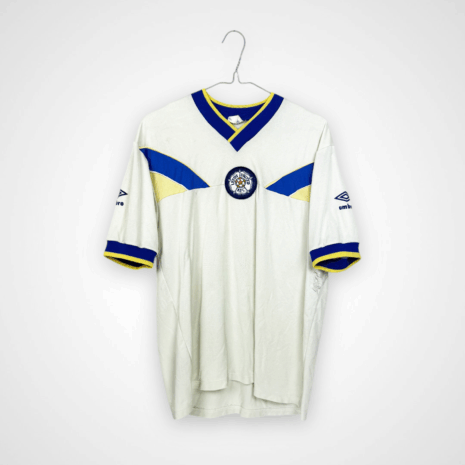 Leeds United FC football shirt, 1986/88 Home, poor condition - two red spots and a significant tear in the fabric on the side of the shirt under the armpit.