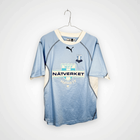 Koszulka piłkarska Malmo FF, 2002/03 Home, stan słaby - bardzo dużo zaciągnięć oraz nieznacznie uszkodzony nadruk sponsora na froncie.