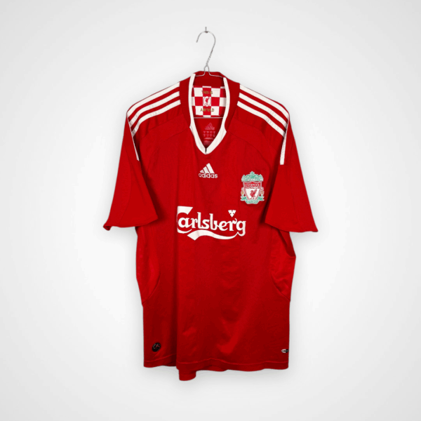 Liverpool FC football shirt, 2008/10 Home, satisfactory condition - torn collar, a few micro pulls and slightly cracked number on back.- view from