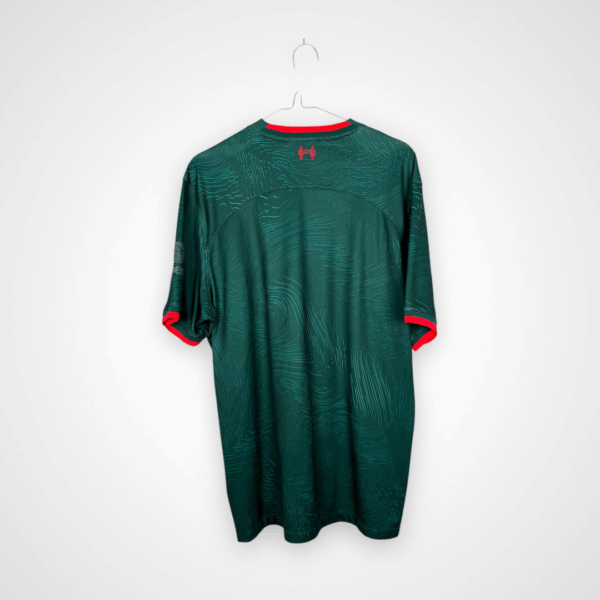 Koszulka piłkarska Liverpool FC, 2022/23 Third, stan słaby - całkowicie uszkodzony nadruk sponsora na rękawku, zabrudzenia u dołu koszulki na froncie oraz dwa mikro